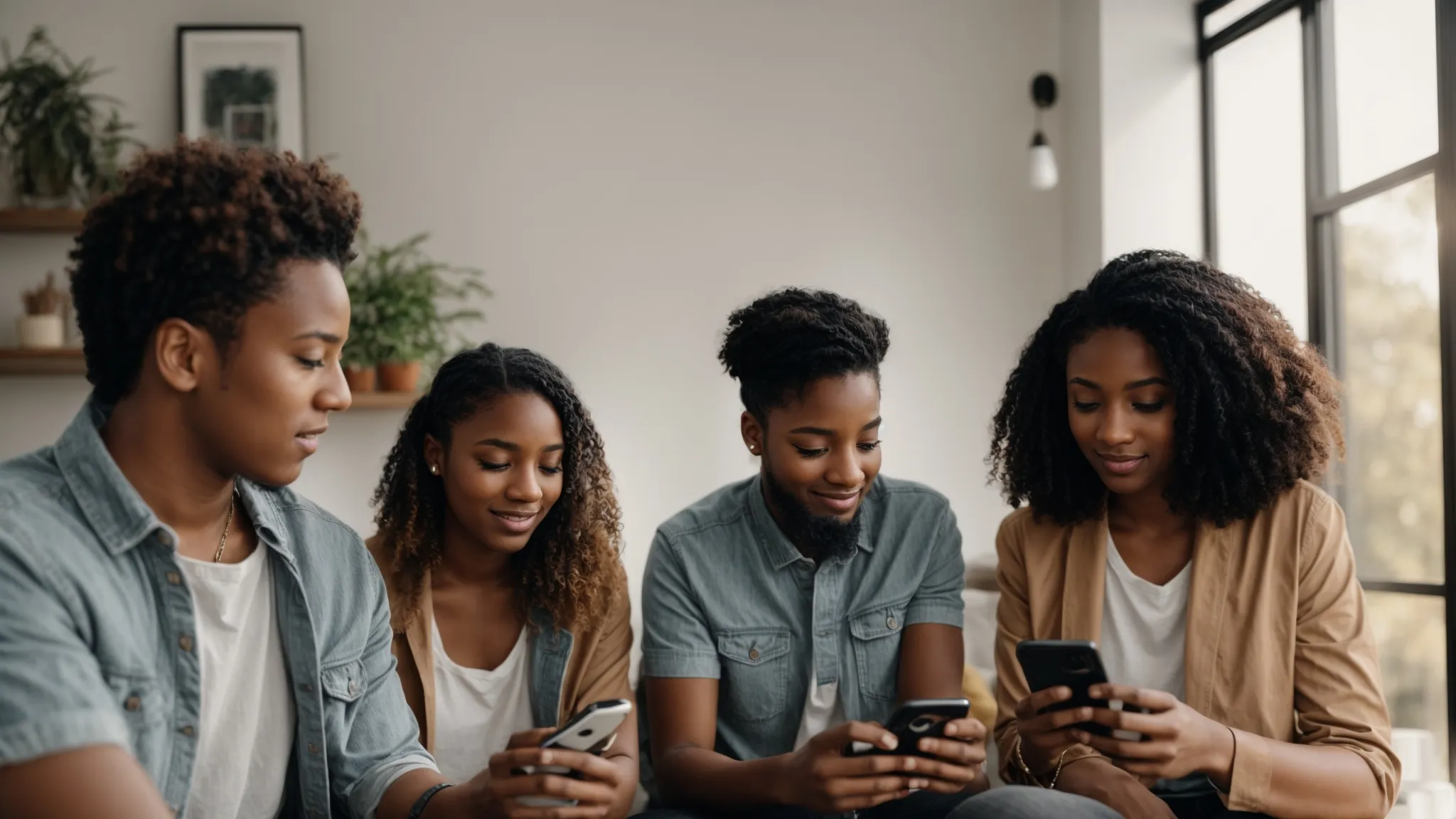 a group of diverse young adults gather around a smartphone, displaying graphs and trend lines, in a bright, modern living space.