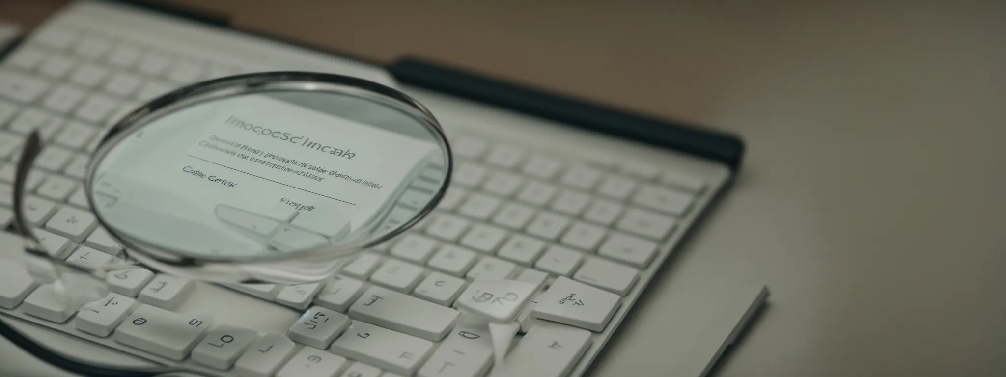 a magnifying glass lies on a computer keyboard, symbolizing the analysis and optimization of search engine visibility.