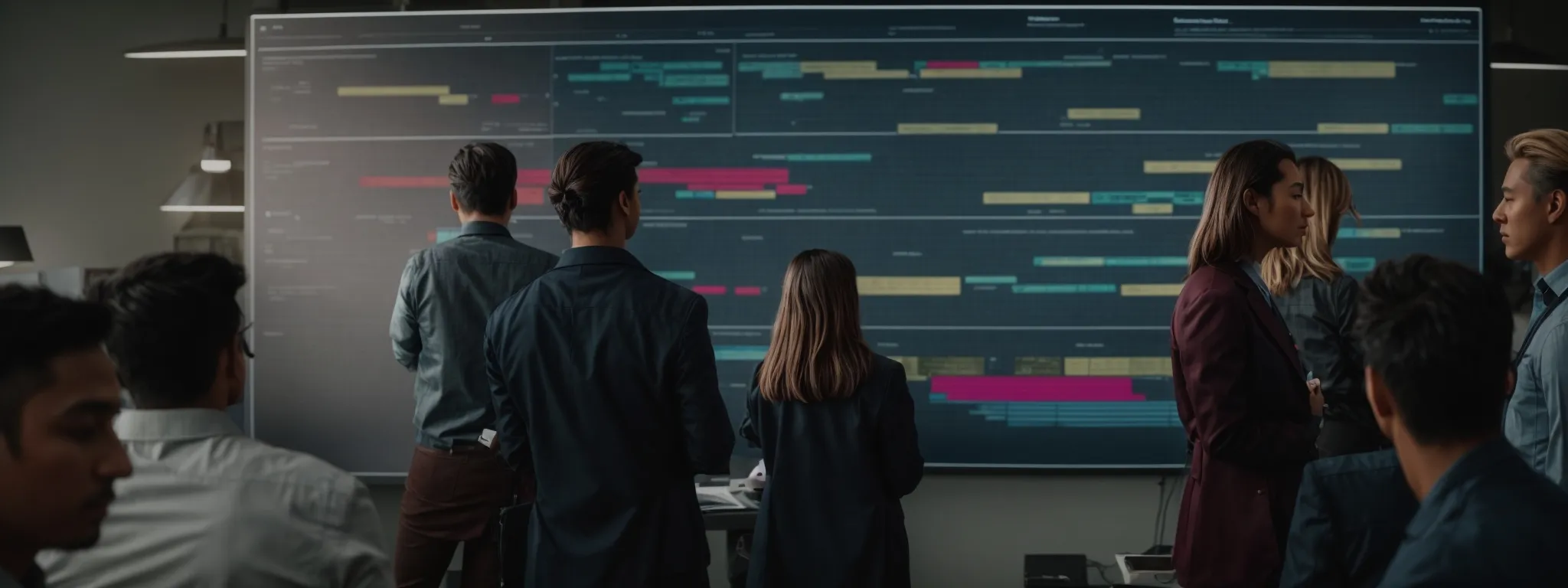 a team of professionals gathers around a large screen displaying colorful project timelines and task lists.