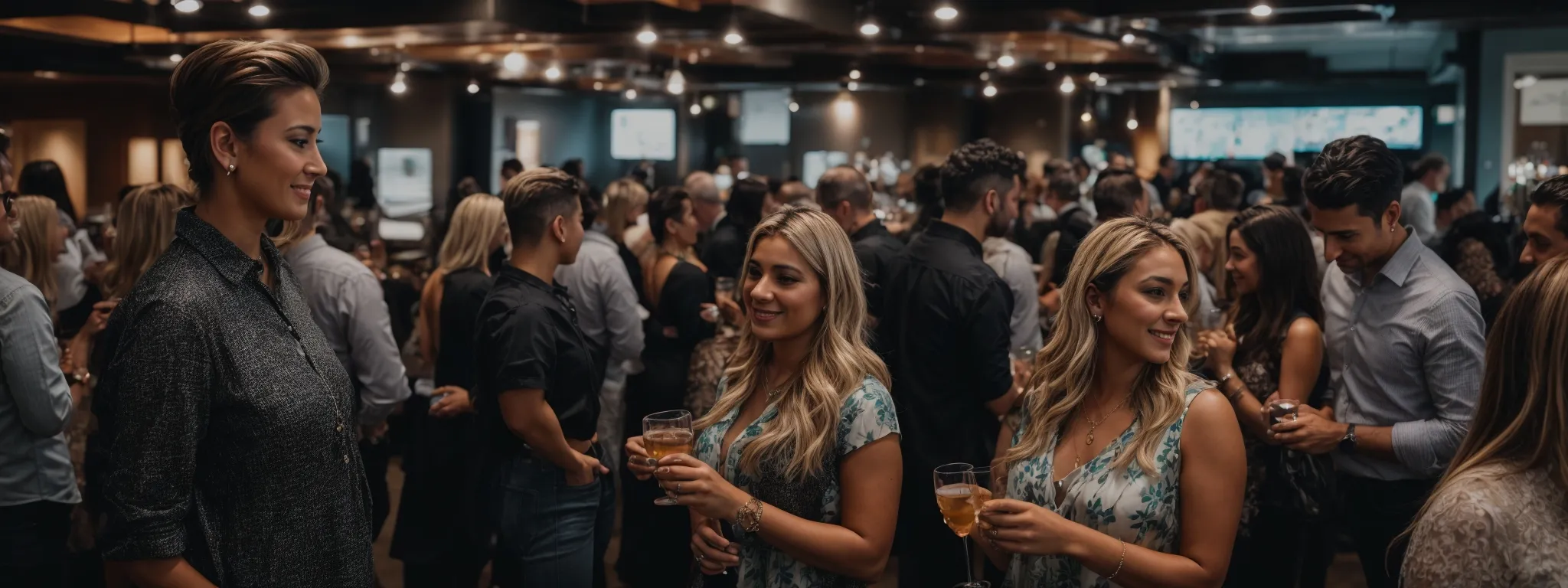 a bustling local networking event where business owners actively engage, representing the collaborative nature of effective link building strategies.