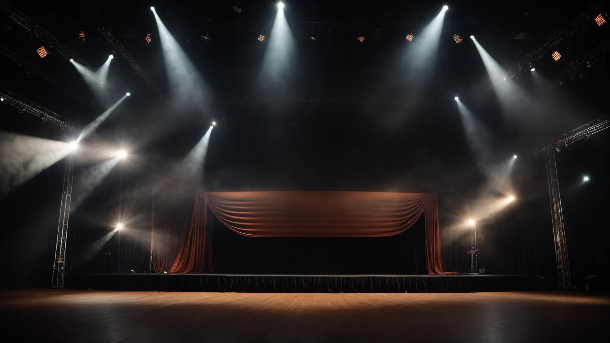 a stage with spotlights shining on a large covered canvas poised for the grand reveal.