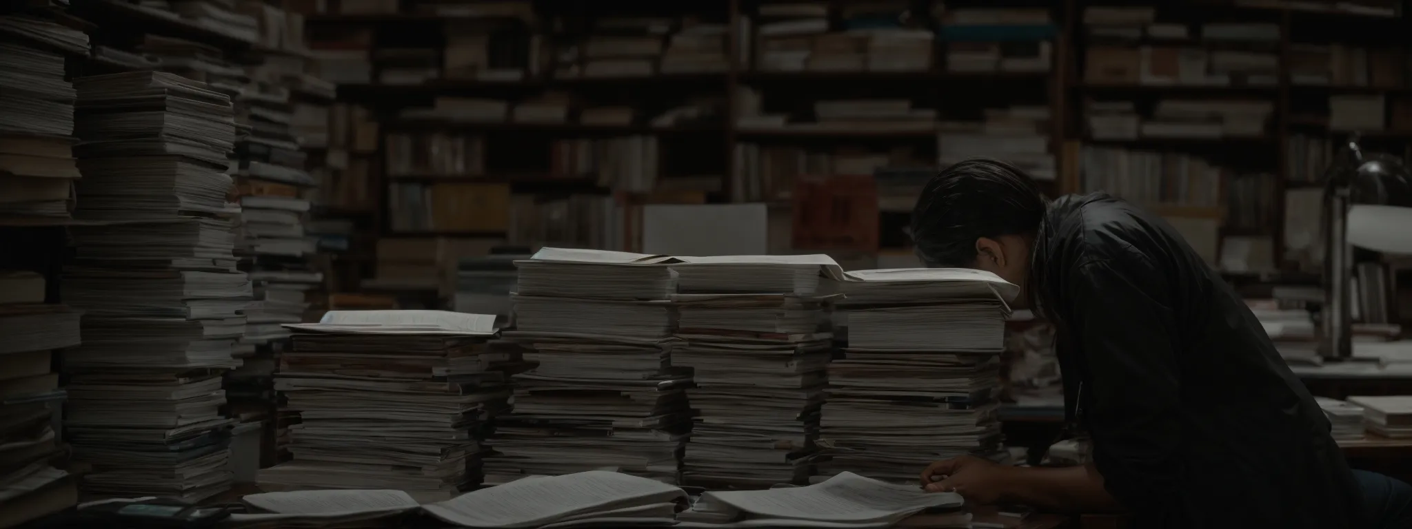 a person hunched over a large desk, surrounded by stacks of books and documents, intently studies data on a computer screen.