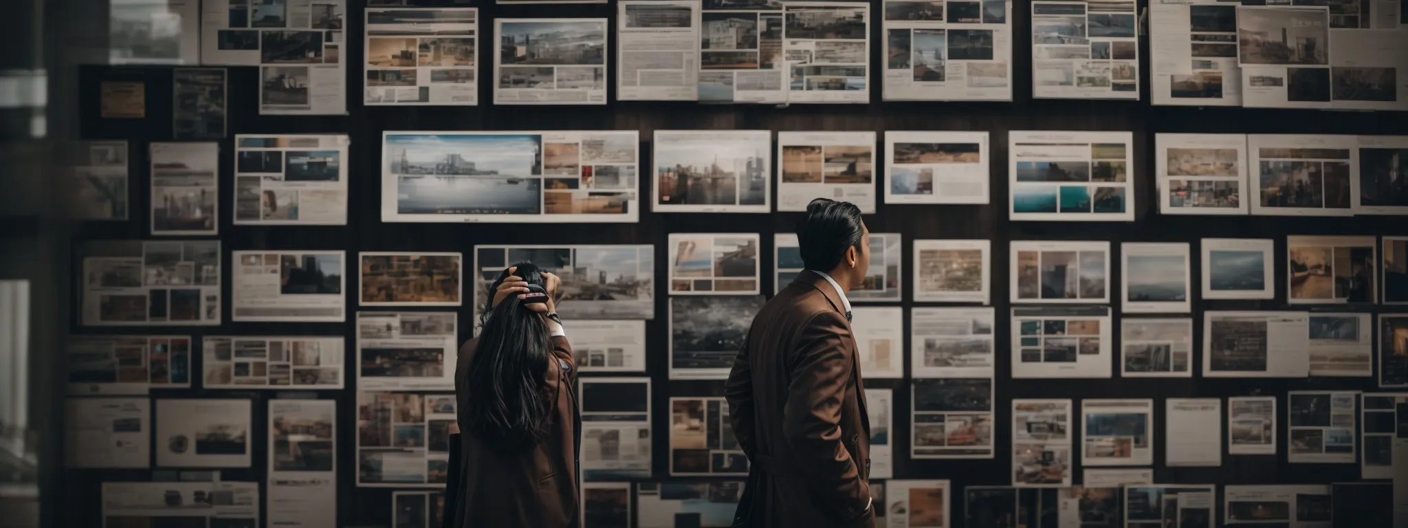 a business executive examines a wall of potential digital agency portfolios.