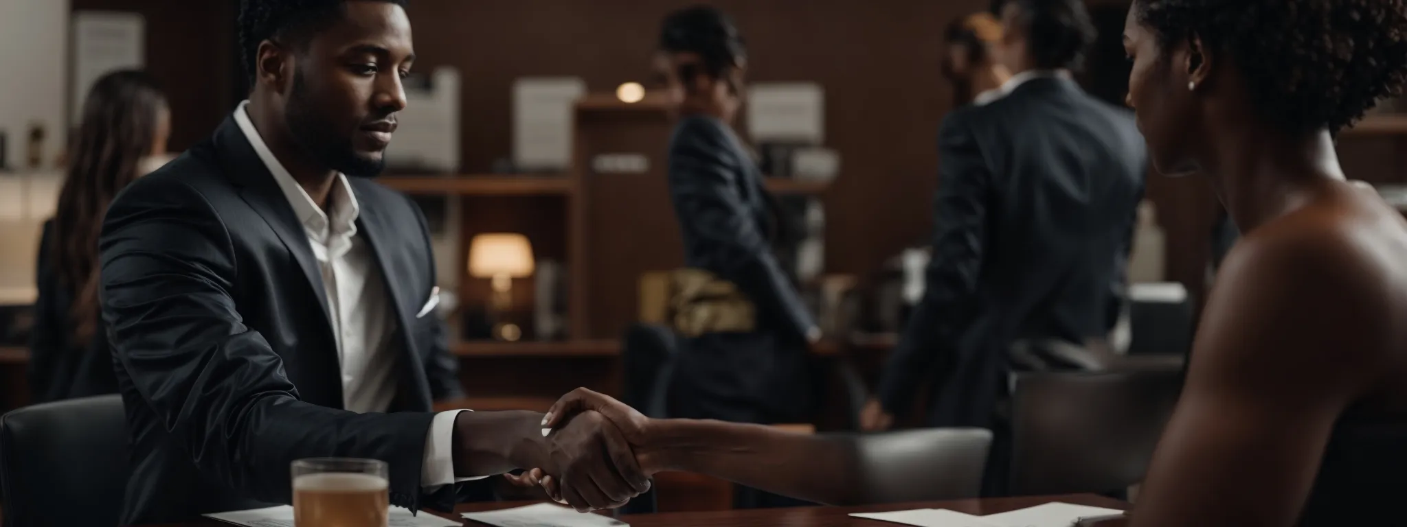 a confident individual shakes hands with a partner across a sleek, modern desk, symbolizing the establishment of a powerful business connection.
