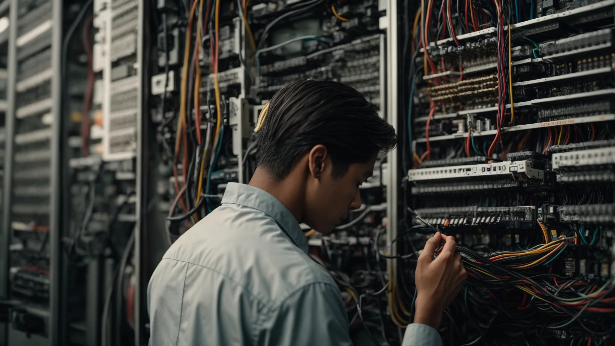 a person examines a complex wiring panel, methodically tracing and resolving connection issues.