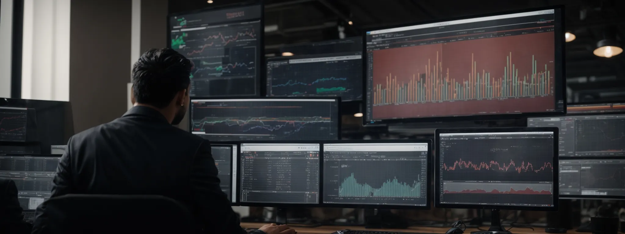 a strategist reviews multiple computer screens displaying trending graphs and data analytics dashboards.
