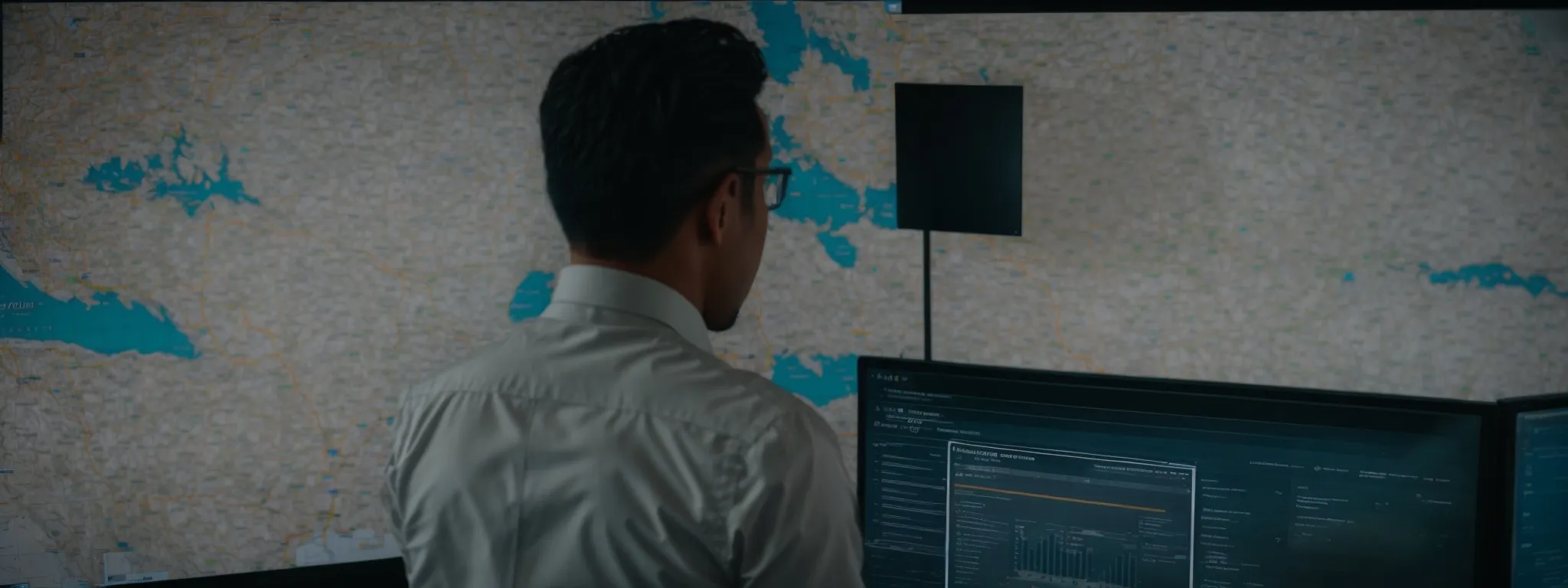 a business professional analyzing data on a computer screen showcasing a map with local traffic and search trends.
