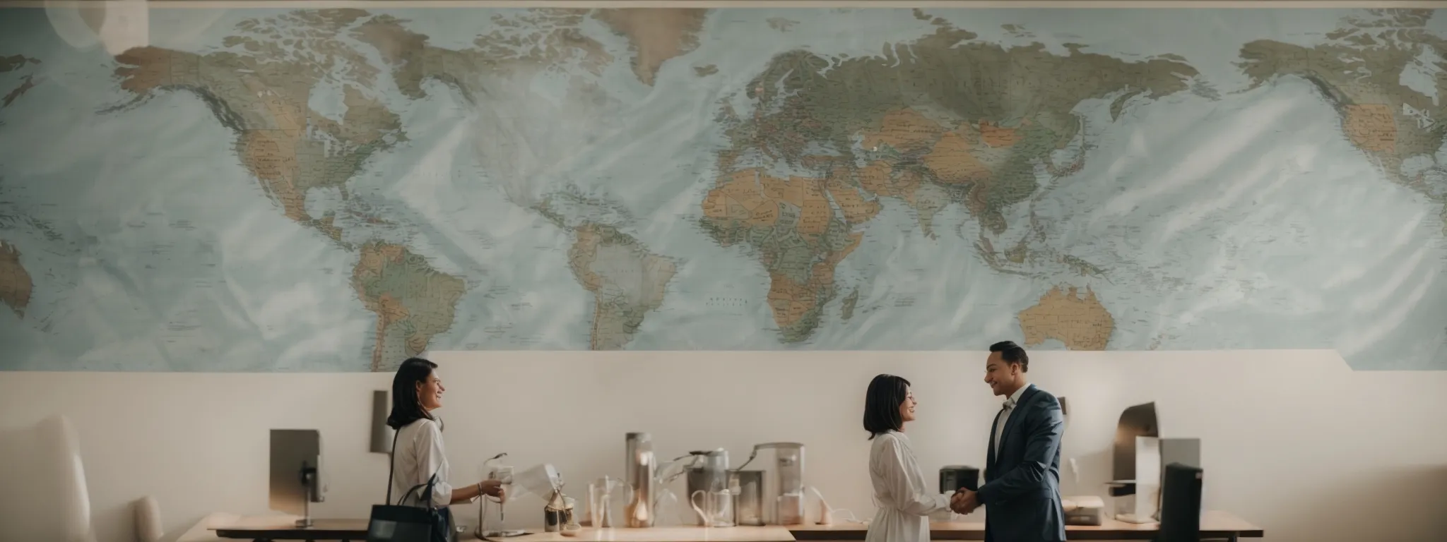 a marketer shakes hands with a partner across a world map-covered table, symbolizing global link building connections.