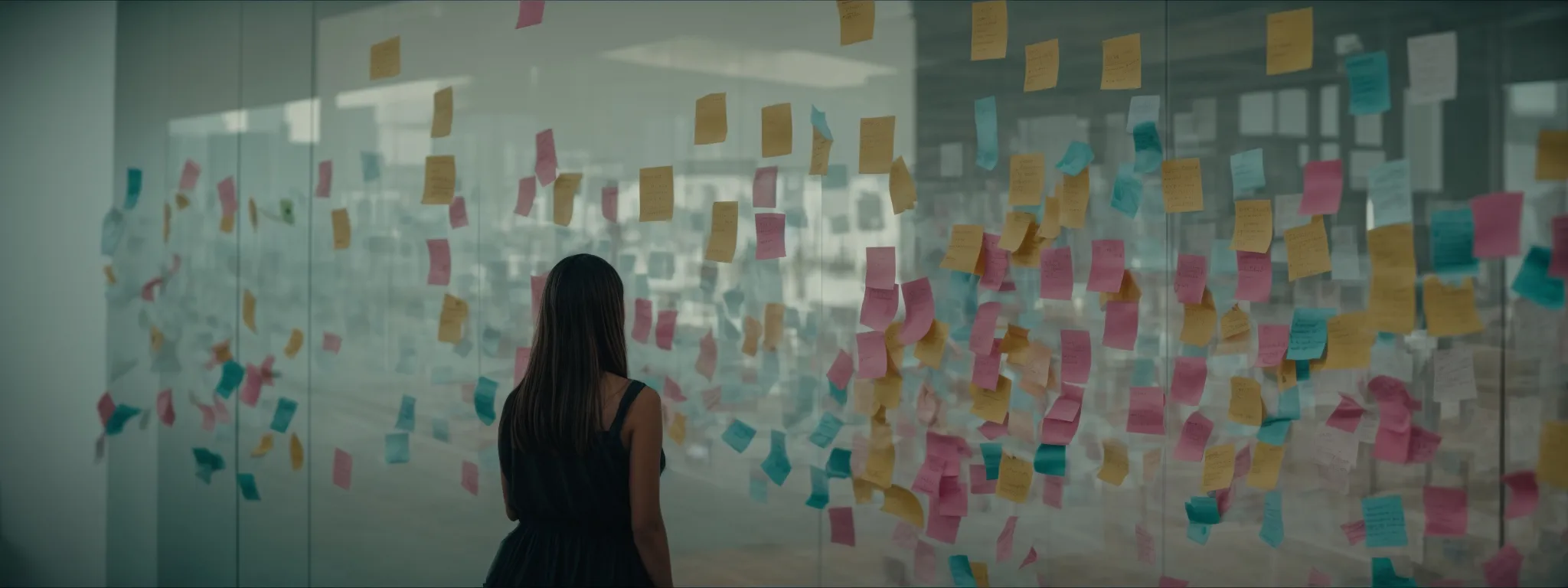 a person brainstorming with sticky notes on a glass wall, signifying content strategy planning.