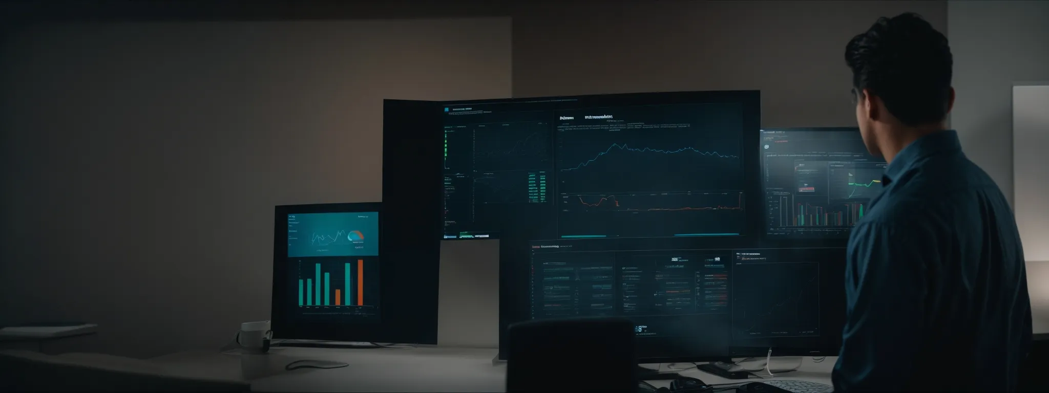 a project manager analyzes a dynamic digital dashboard displaying real-time marketing campaign analytics on a large monitor.
