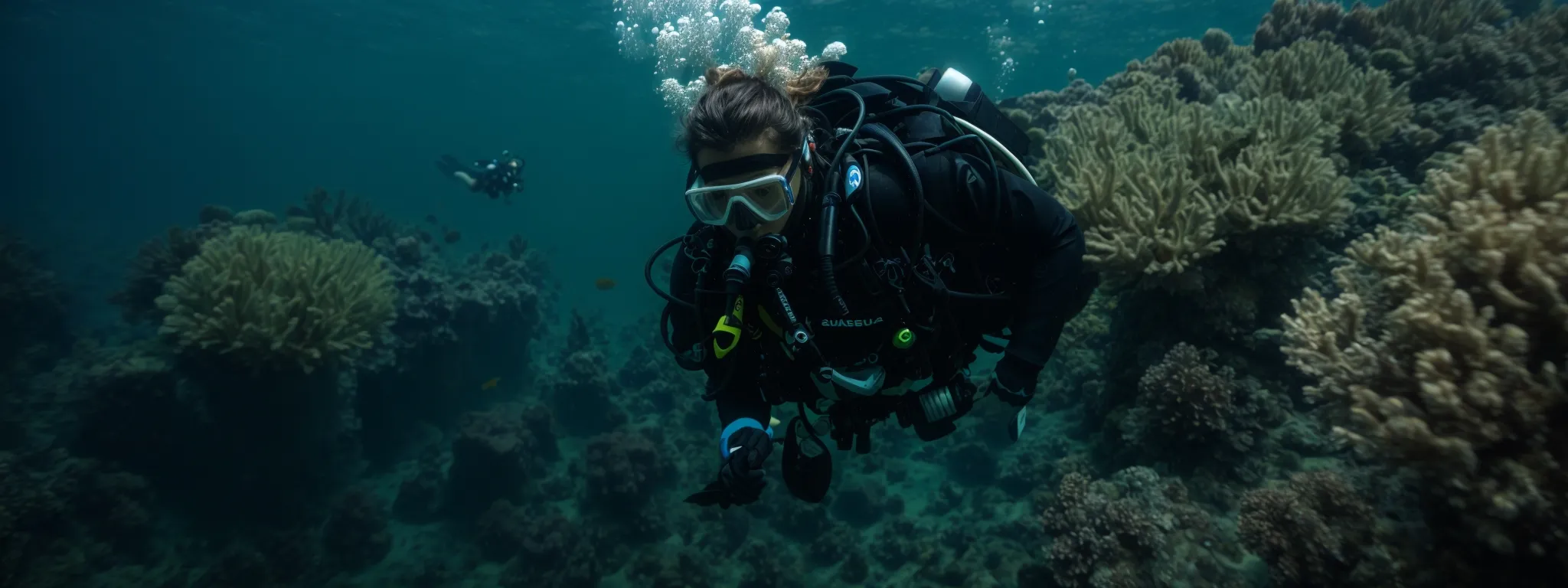 a person in a scuba diving suit explores underwater terrain, symbolizing a deep dive into technical seo.