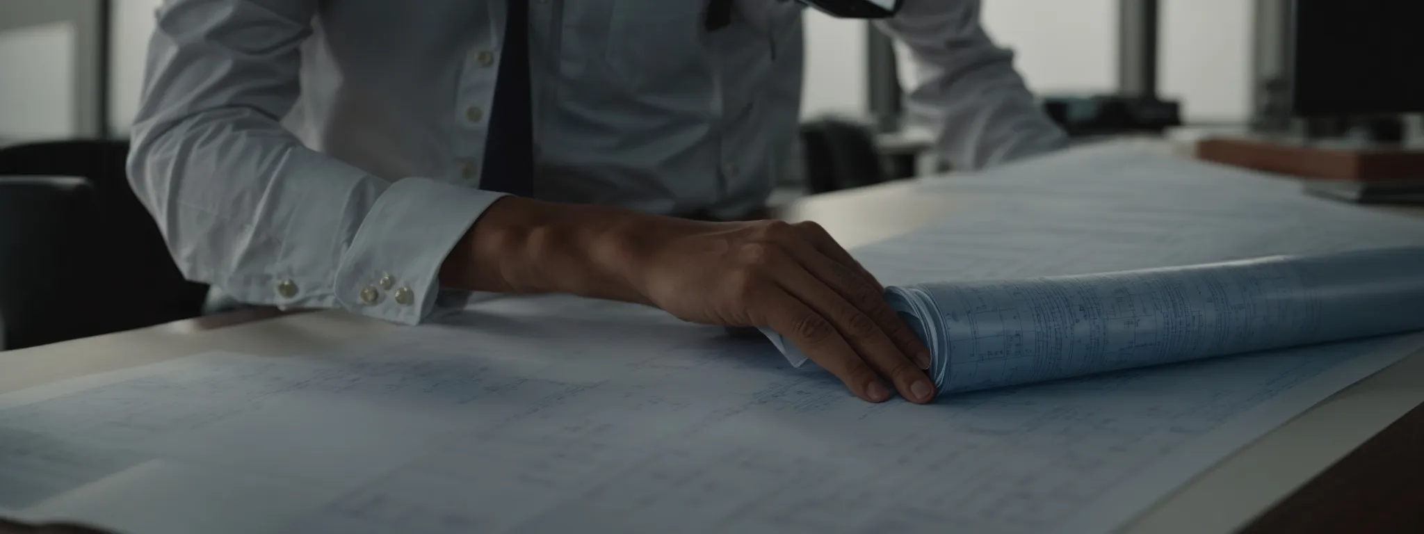 a person unrolls a blueprint on an office desk, highlighting a prominent design at the top.