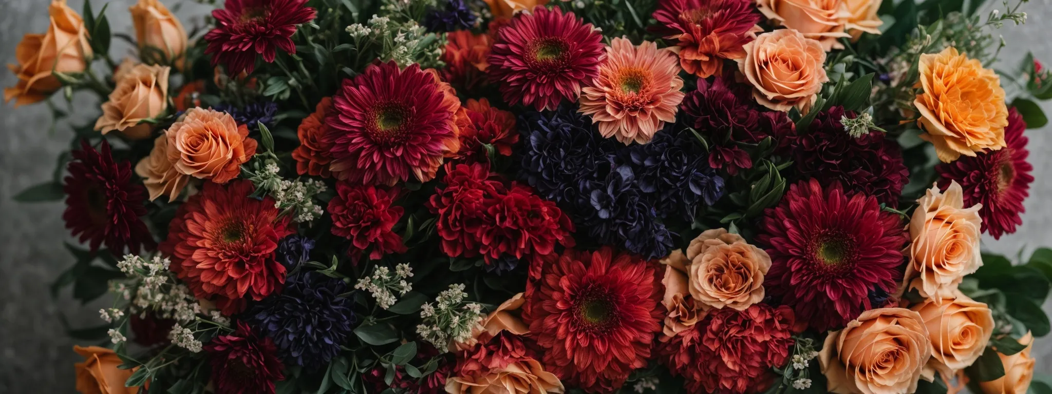 a vibrant bouquet of flowers showcasing contrasting hues stands out against a muted background.