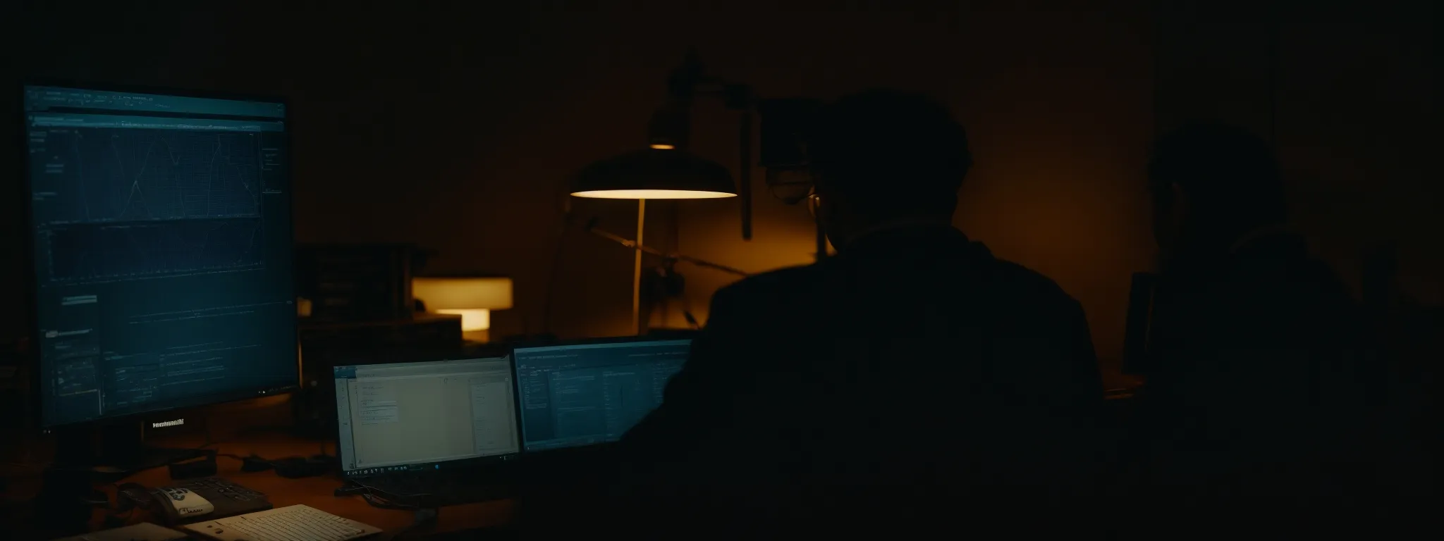 a person sits at a desk illuminated by the soft glow of a computer screen, engrossed in analyzing a web of interconnected topics on the monitor.