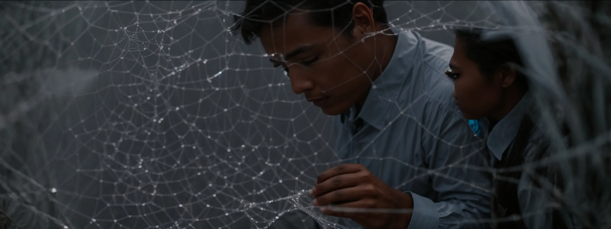 a detective examining a maze-like web structure under a magnifying glass.