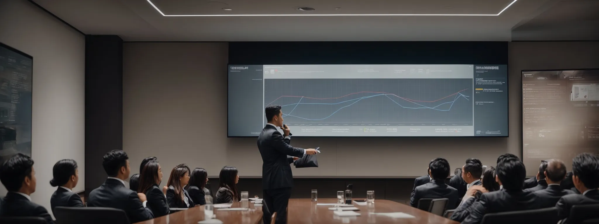 a business professional presents a graph on a large screen to an audience in a modern conference room.