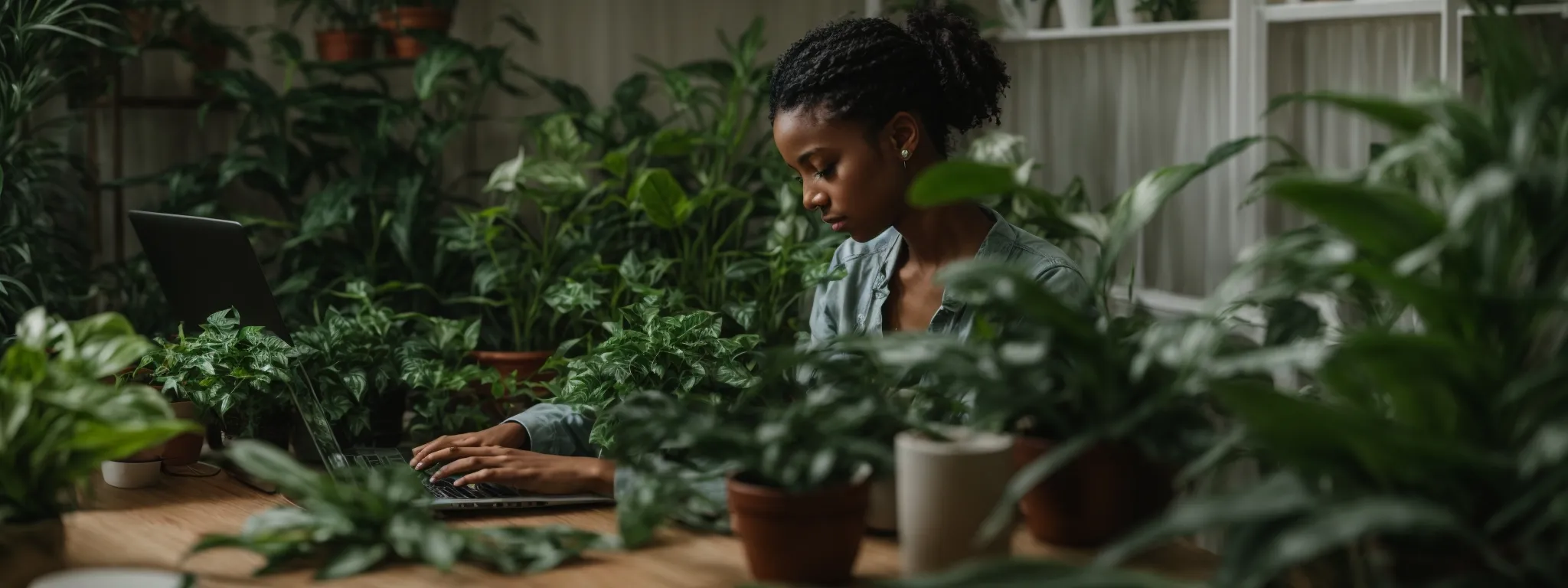 a person thoughtfully typing on a laptop, surrounded by verdant houseplants symbolizing growth and collaboration.