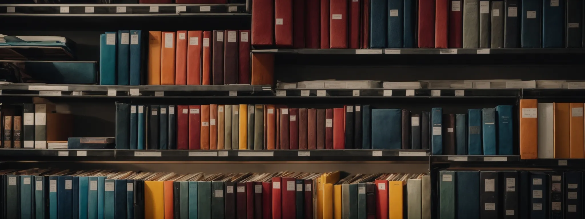 rows of organized, color-coded folders neatly arrayed on a shelf, symbolizing structured categorization.