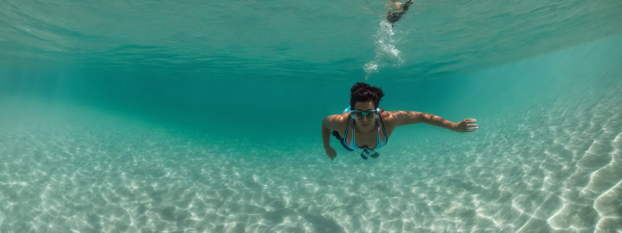 a person diving into crystal-clear water, symbolizing the deep dive into seo keyword optimization strategies.