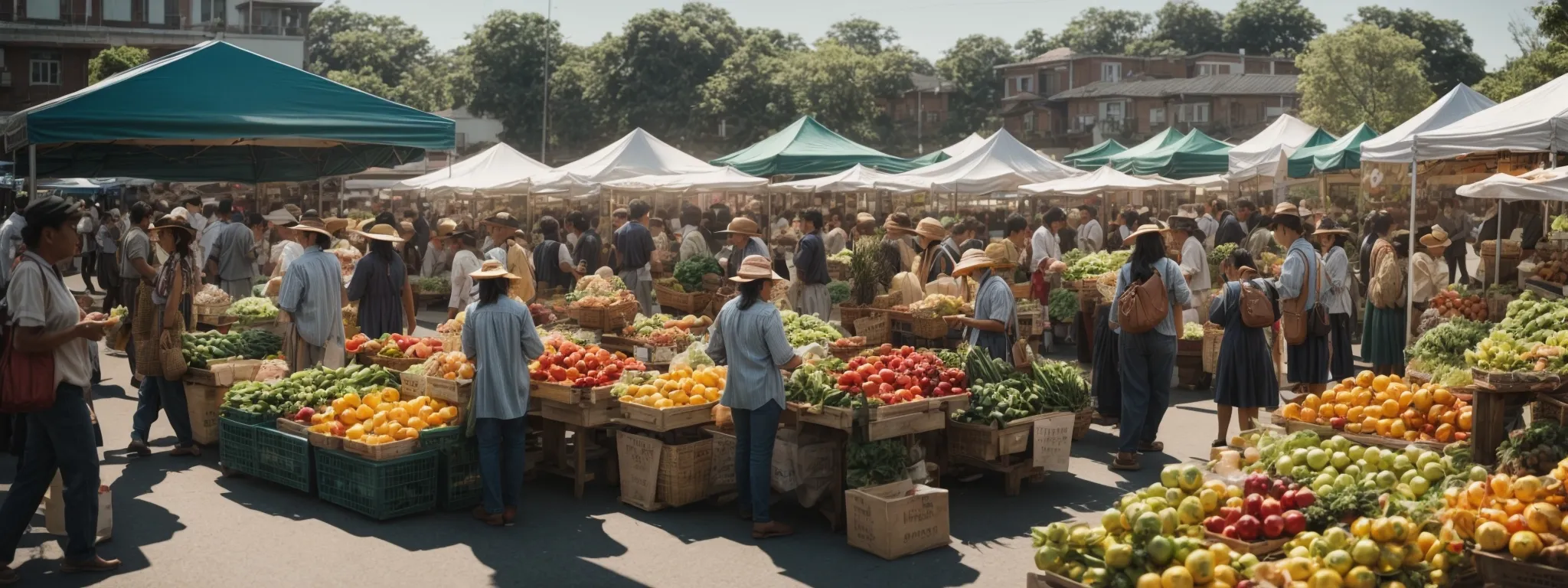 a bustling local farmer's market with stalls of vibrant fresh produce, under the clear blue sky of a busy suburban morning.