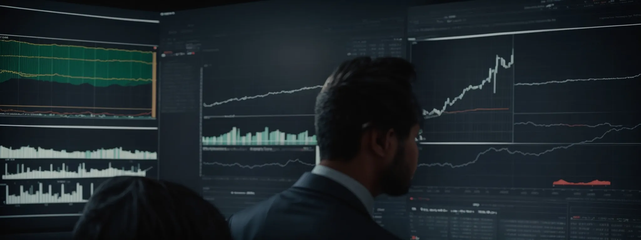 a strategist observes a dynamic graph on a screen, illustrating market trends and digital outreach.