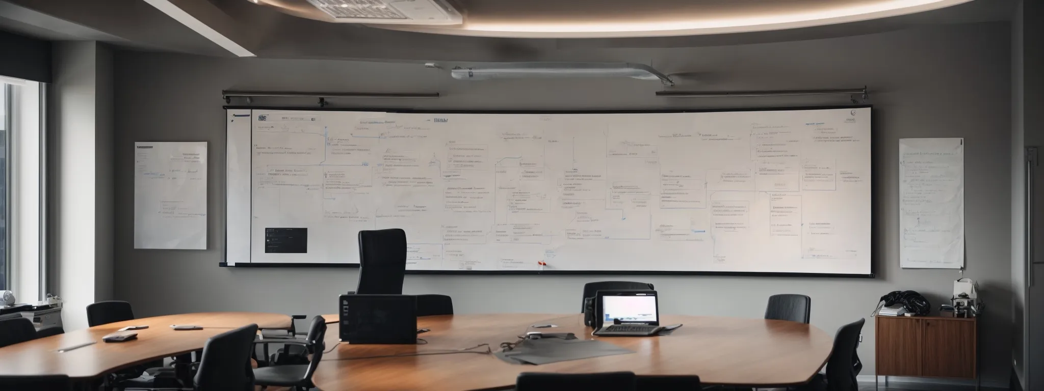 a strategic meeting room with a whiteboard filled with a flowchart diagram representing a link building campaign.