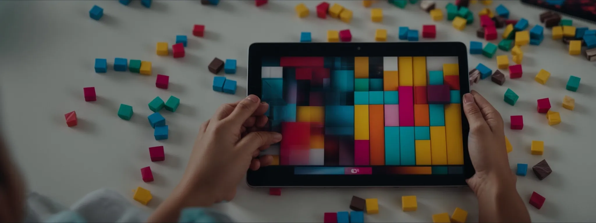 a person works intently on a digital tablet, arranging colorful blocks that symbolize content elements on a virtual marketing strategy board.
