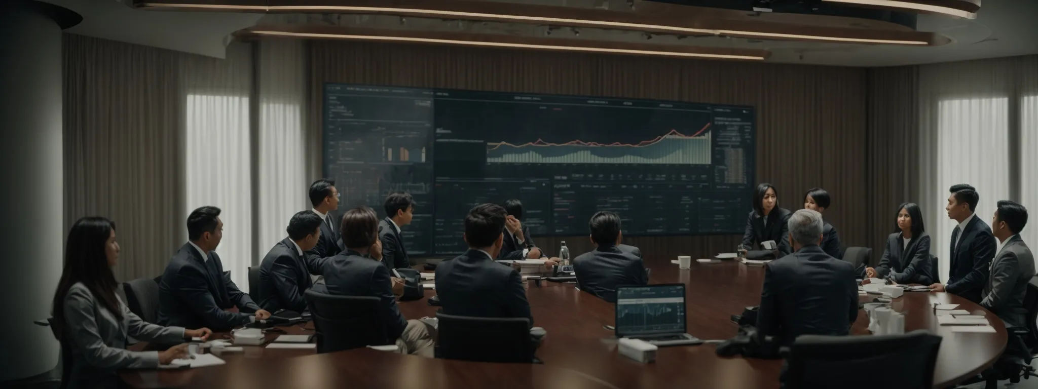 a group of people sitting around a conference table, animatedly discussing charts displayed on a large screen, reflecting a focus on data analysis and strategy.