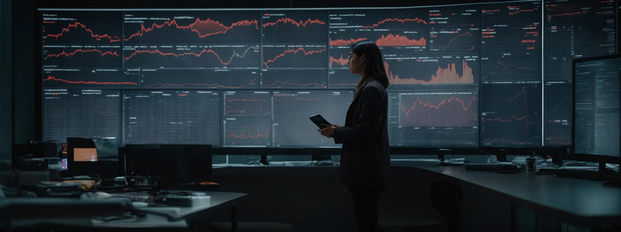 a person stands before a large analytics dashboard, studying graphs that represent website traffic and performance metrics.