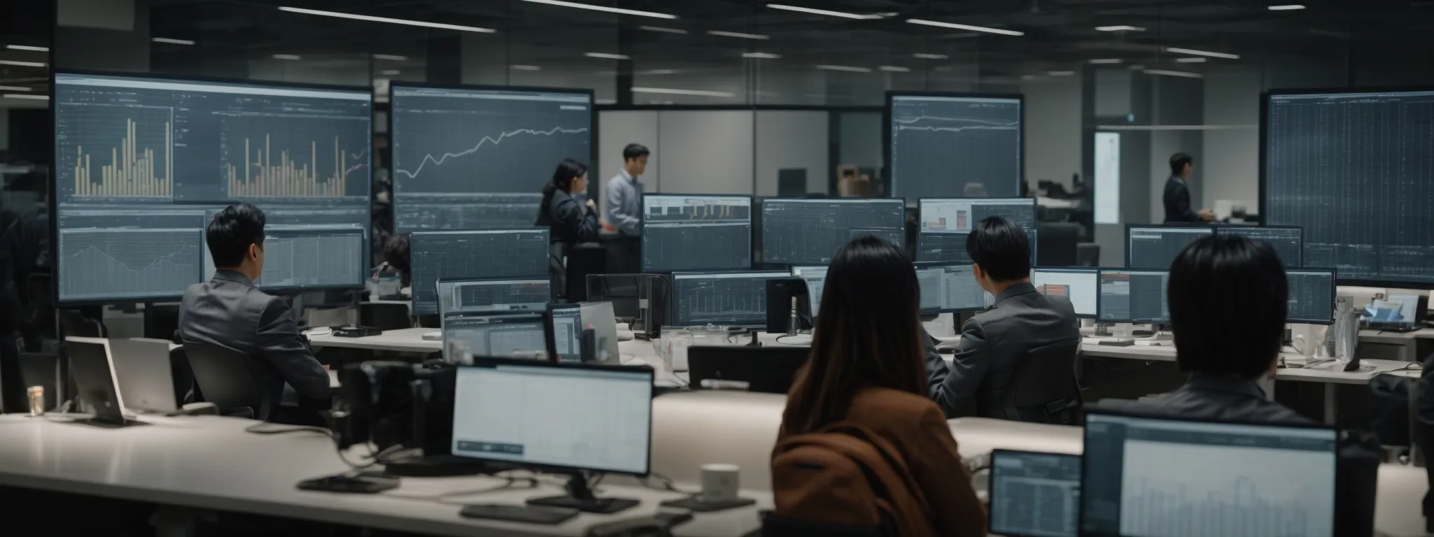a group of professionals analyzing charts and data on a large screen in a modern office setting.