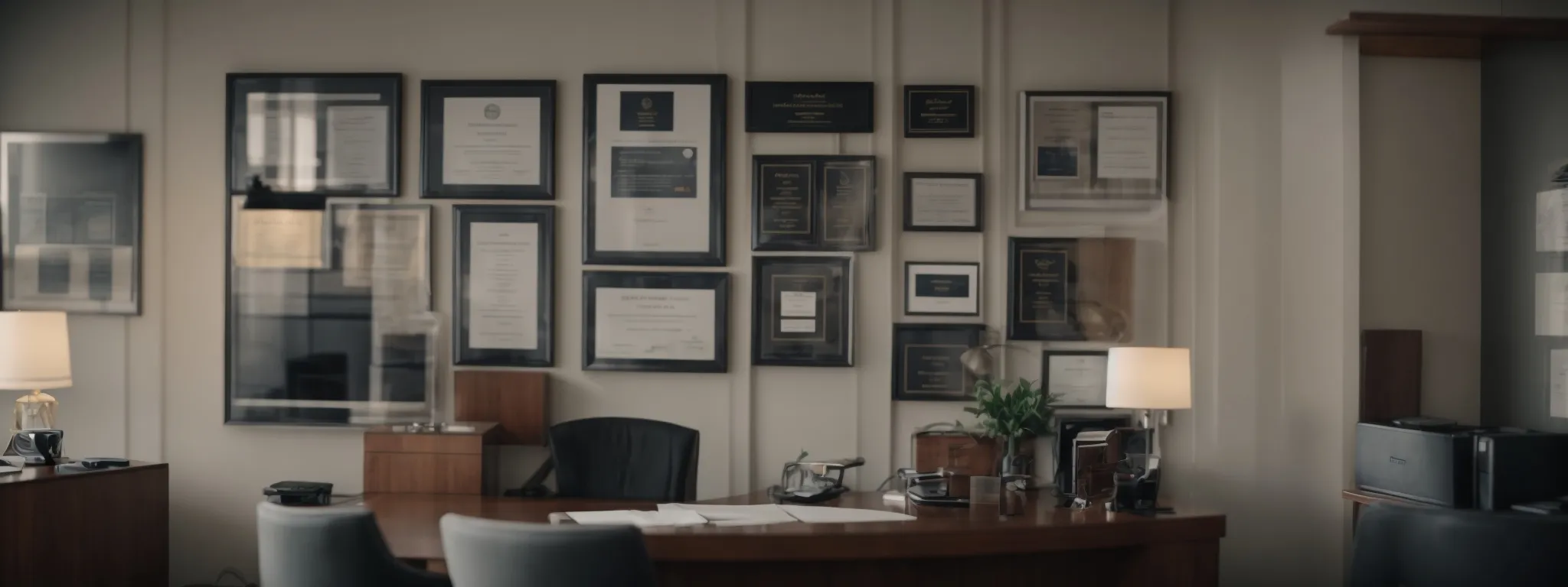 a confident financial advisor presents a secure, inviting office environment with visible diplomas and awards on the wall, symbolizing expertise and trustworthiness.