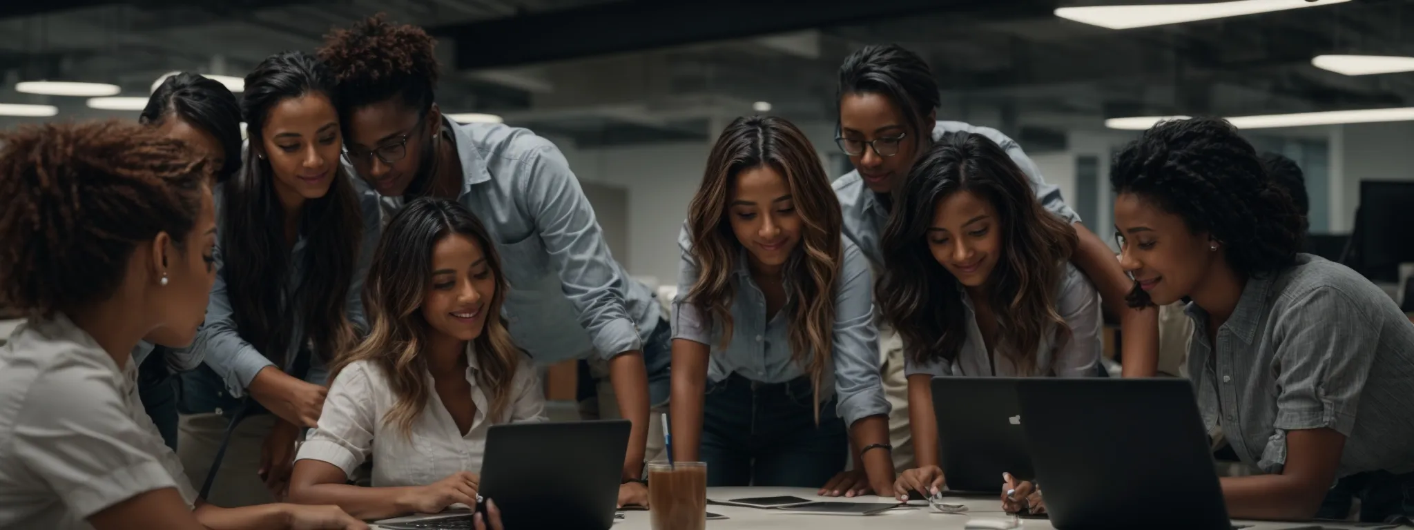 a group of people in a modern office enthusiastically collaborate around a laptop, discussing strategies for enhancing their brand's social media impact.