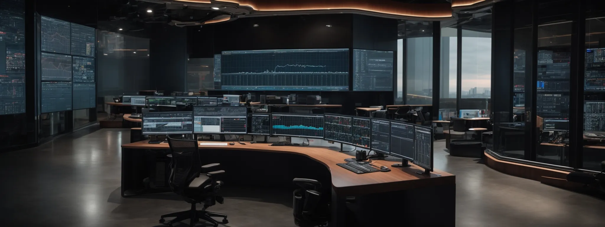 a sleek, modern control room with multiple monitors displaying graphs and schedules, with collaborative workspace areas visible in the background.