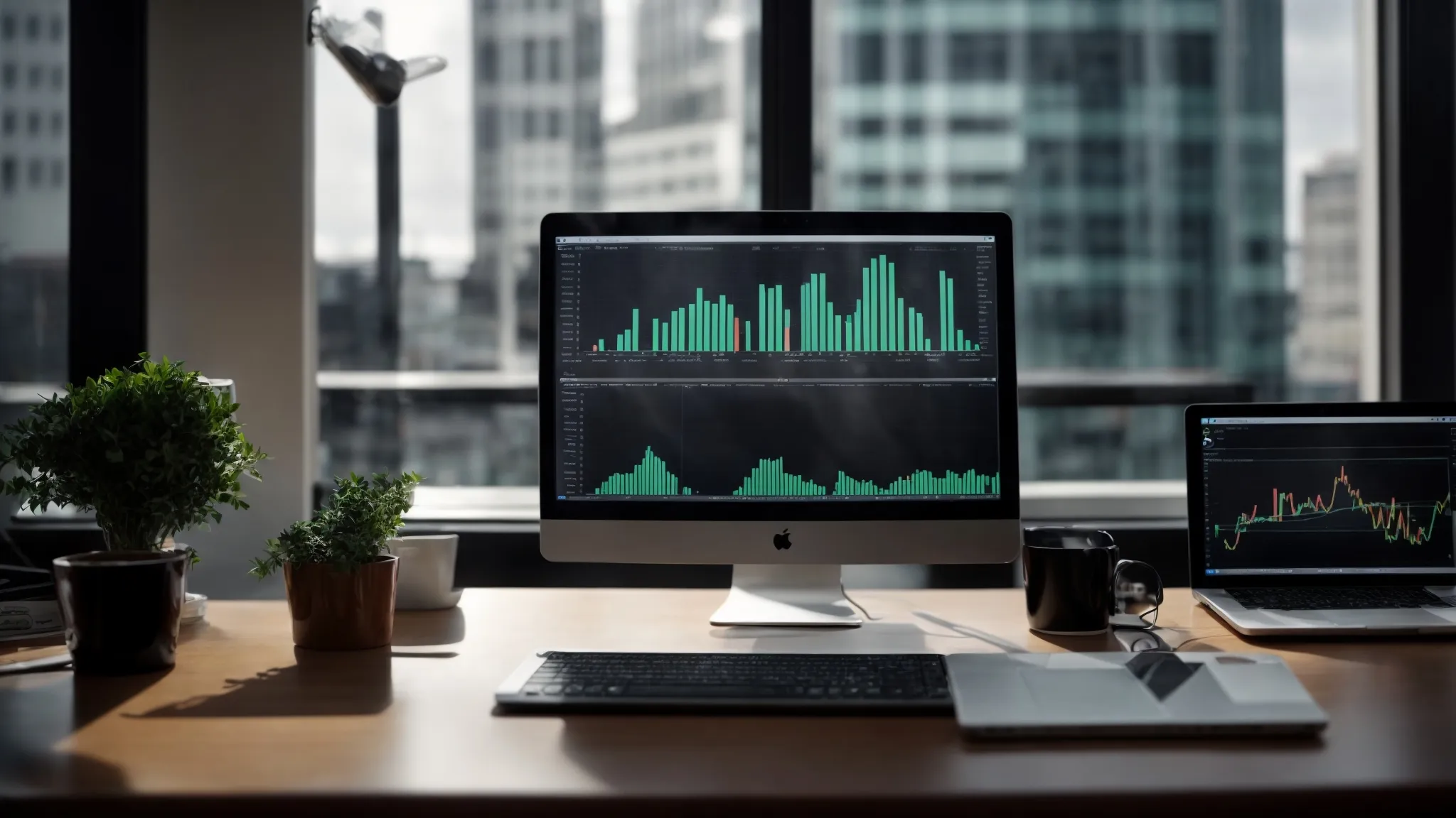 a modern office setup with a laptop displaying graphs and analytical data on seo performance.