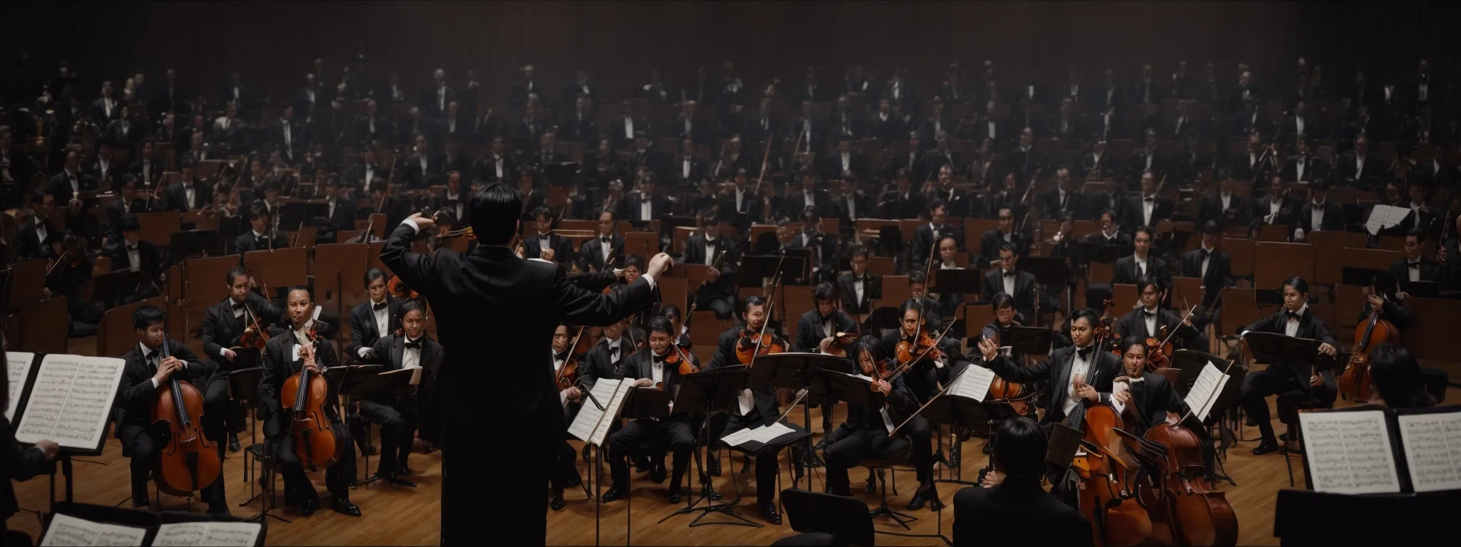 a conductor stands before an orchestra, poised to guide the harmonious blend of instruments.