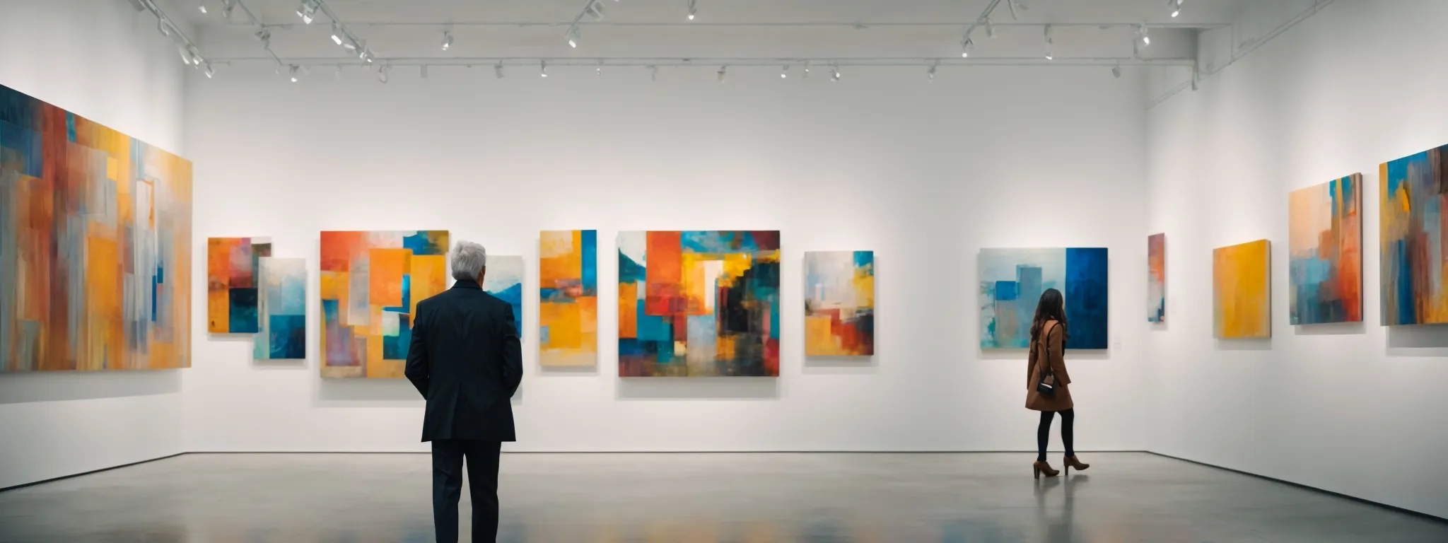a contemplative figure strolls through a bright, modern art gallery where bold abstract paintings adorn the walls.