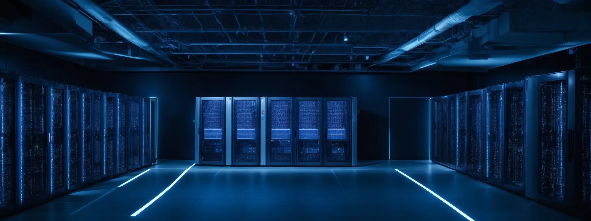 a panoramic view of a modern data center with rows of servers and blue led lights signifying digital security and network infrastructure.