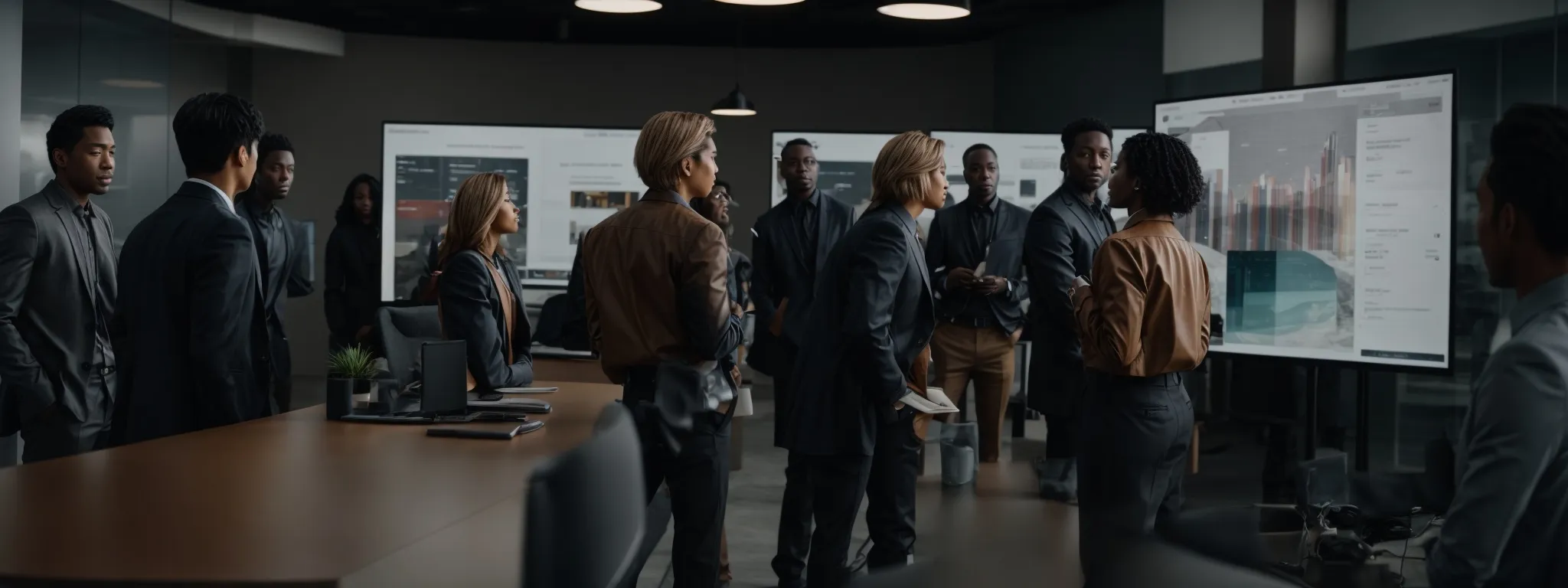 a group of diverse professionals discussing over a large digital screen in a modern office setting.