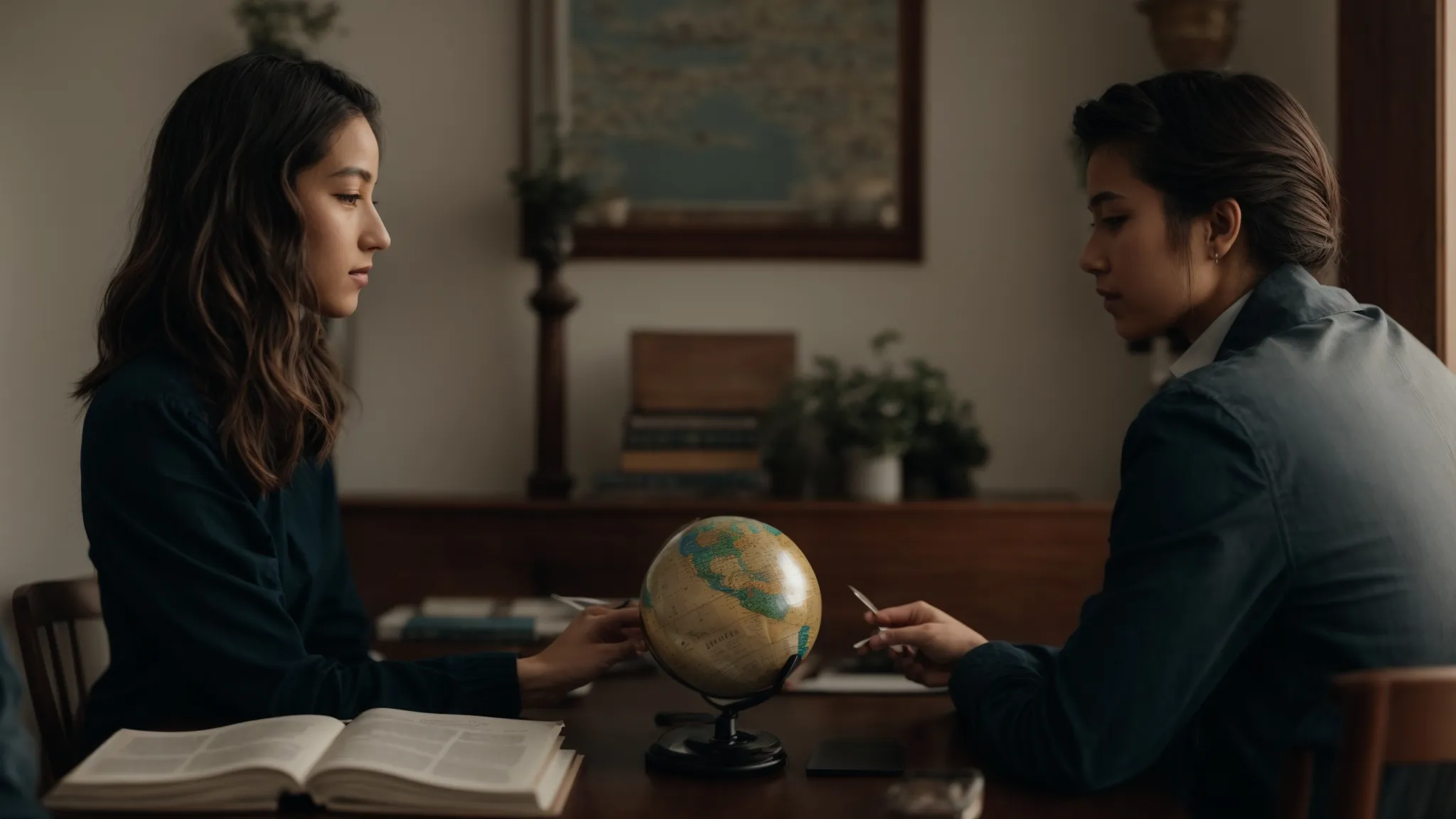 two people conversing across a table with language dictionaries and a globe between them.