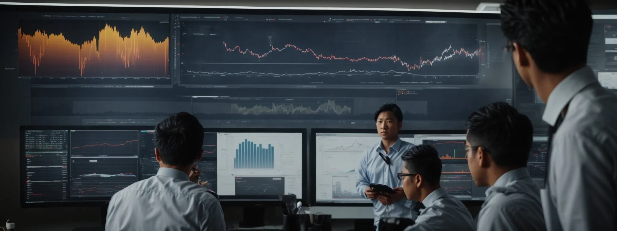  a group of professionals analyzes charts and graphs on a large monitor, reflecting website analytics and performance metrics.