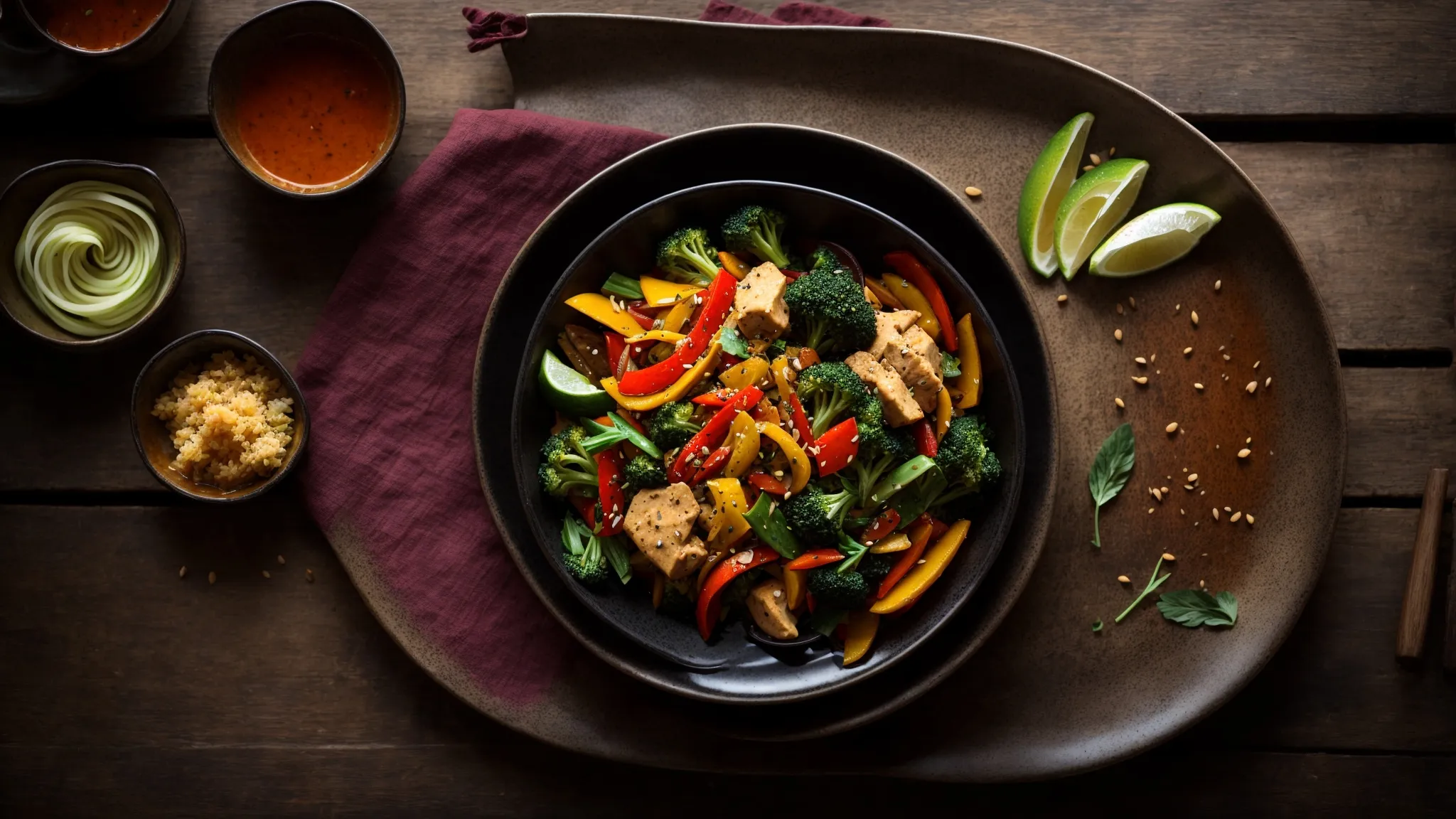 a vibrant dish of colorful stir-fry sits amidst a rustic table setting, steam wafting up invitingly.