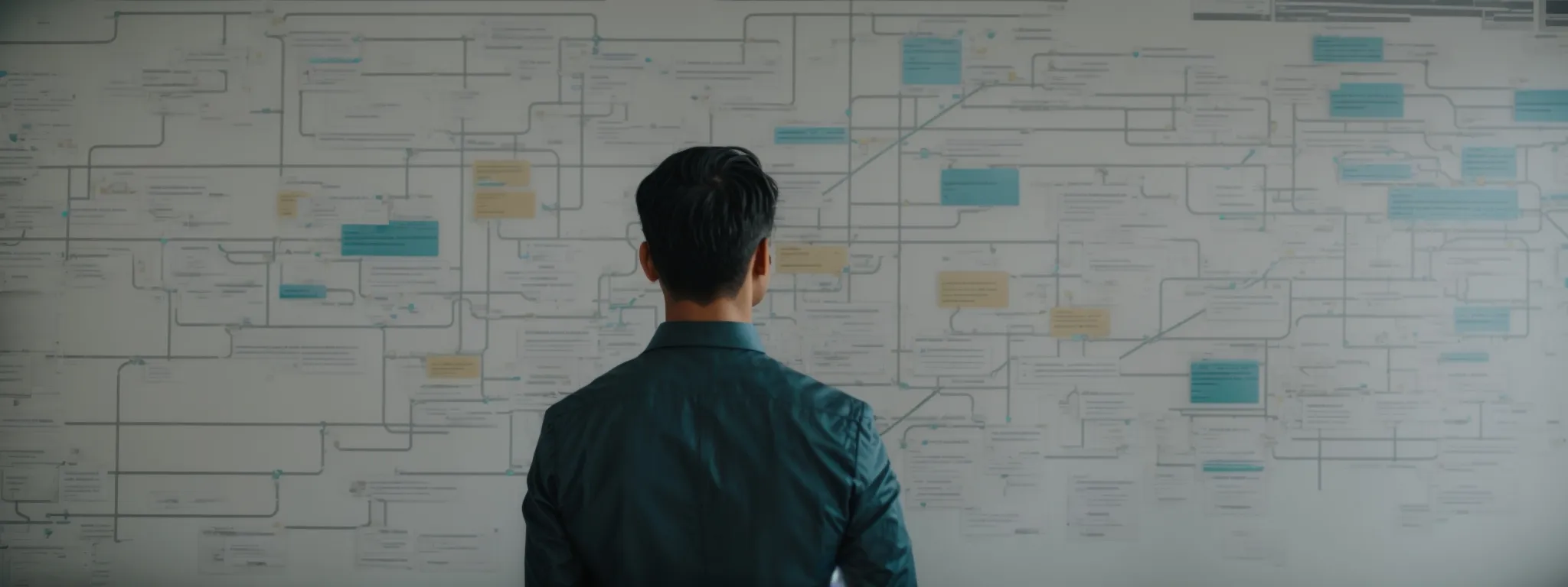 a person planning an seo strategy with a large visible flowchart on the wall that outlines a complex website structure.