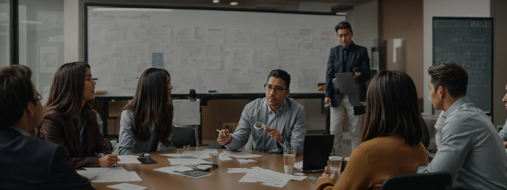 a marketing team is gathered around a conference table, animatedly discussing a campaign strategy with a clear whiteboard in the background.