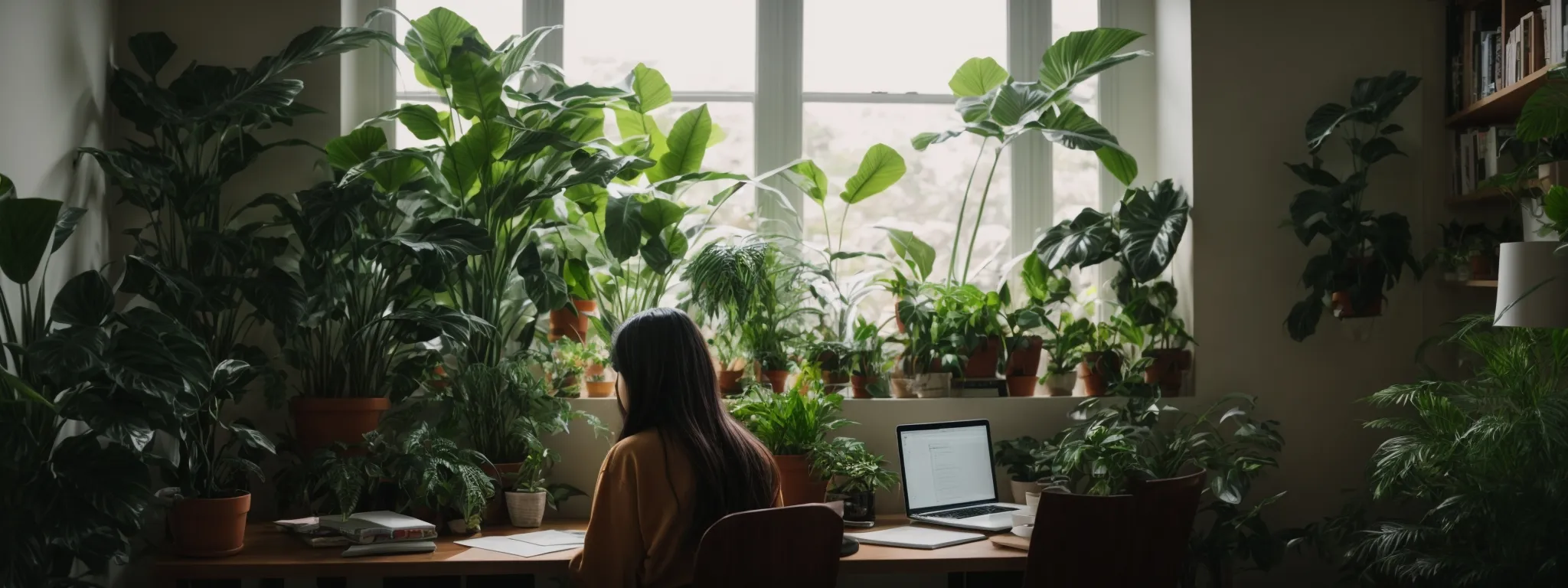 a person sits at a minimalist desk surrounded by houseplants, peering intently into a laptop screen, immersed in brainstorming for their next blog post.