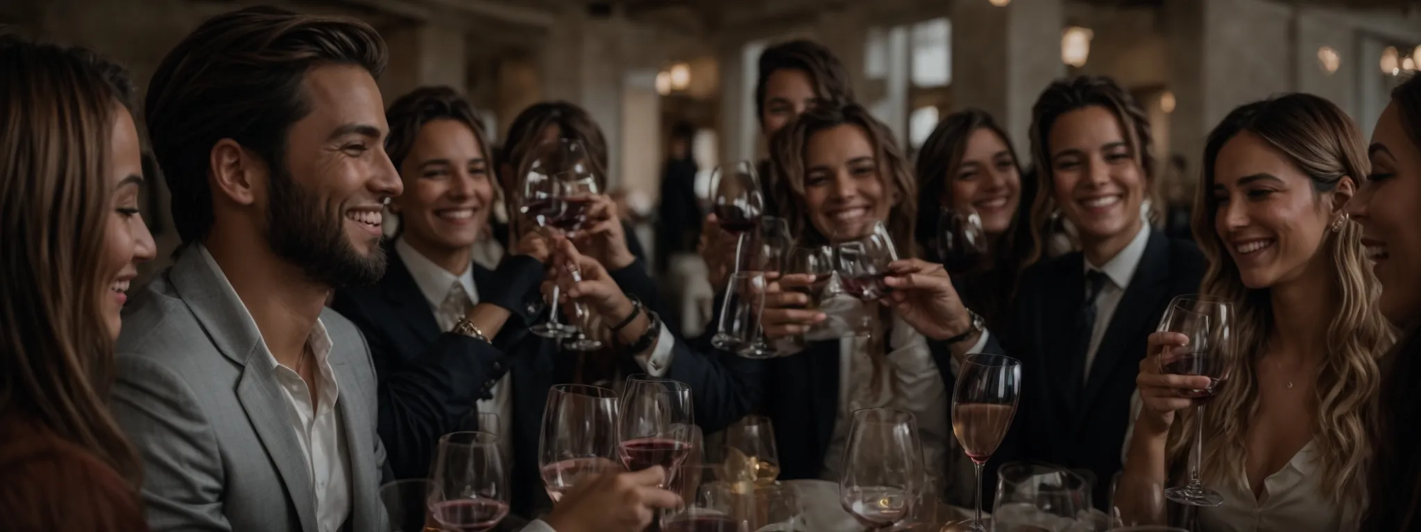 a group of delighted friends raising their glasses for a toast in an exclusive wine tasting event. 