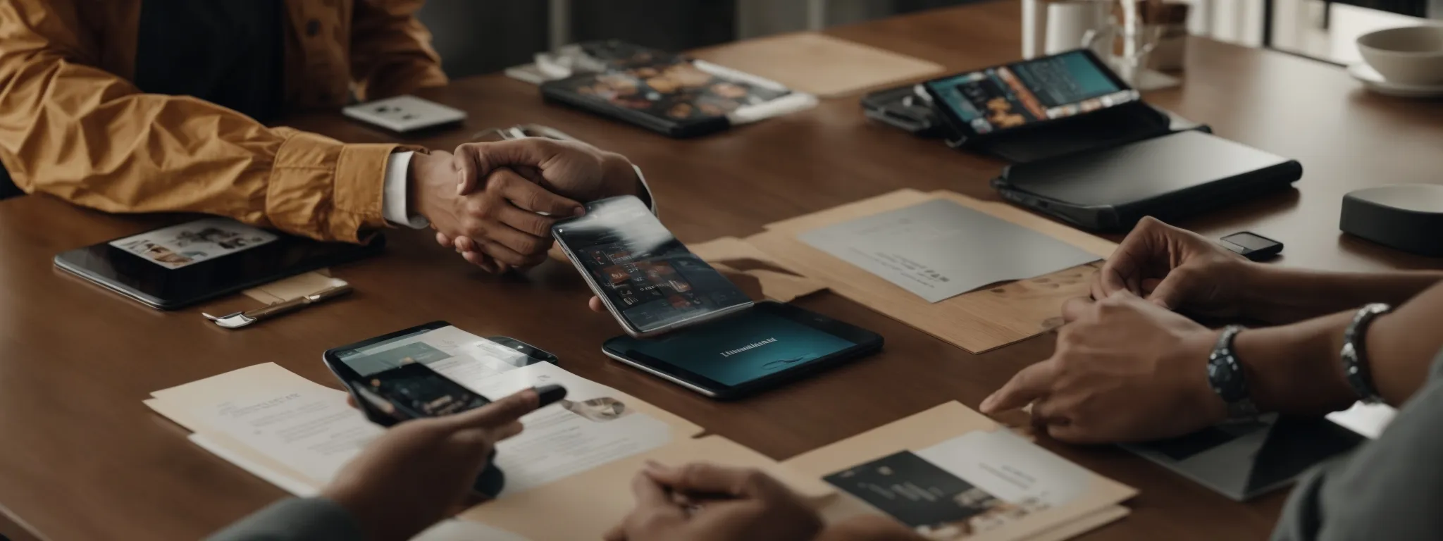 two professionals shaking hands across a table with digital devices and marketing materials spread out before them.