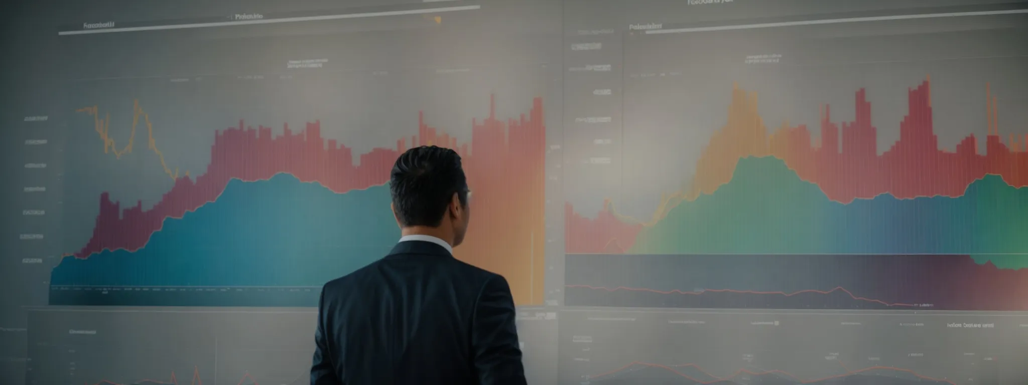 a businessperson stands before a large board displaying a variety of colorful graphs and charts representing different pricing strategies.