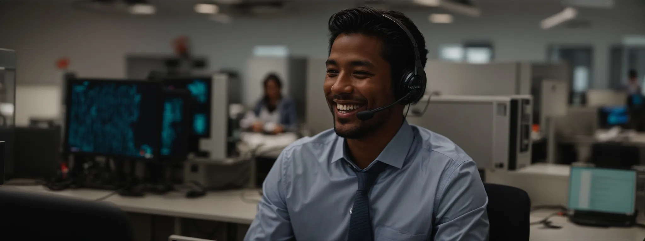 a customer service representative smiling while working on a computer in a clean, modern office environment.