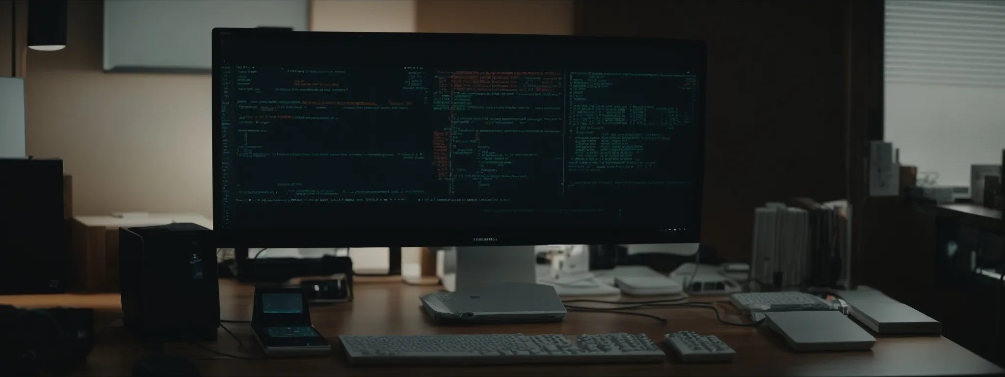 a computer screen displaying a terminal window with code and a keyboard set against an organized workspace.