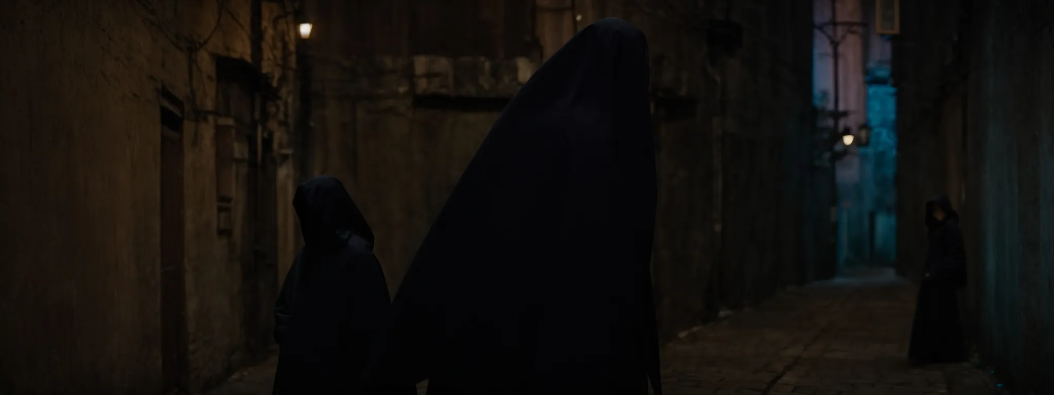 a dimly lit alleyway with a single figure cloaked in a hooded garment, subtly glancing over a shoulder.